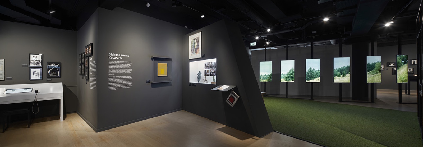 Ausstellungsbereich mit grauen Wänden, gerahmten Fotografien und einer Vitrine, rechts die Displayreihe über dem Rasen